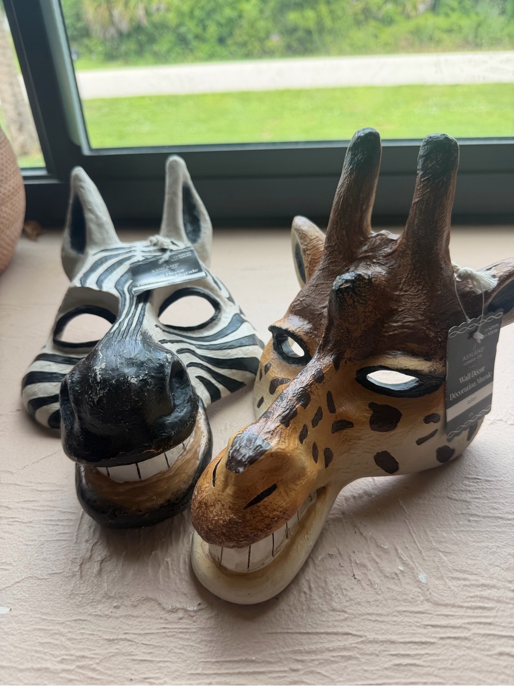 Hand-Painted Zebra and Giraffe Wall Masks - Black, White & Brown Set of 2